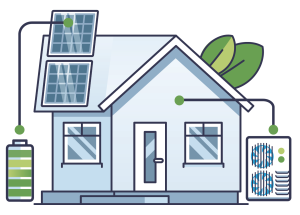 Home with renewable energy, rooftop solar powering electric heating and cooling system.