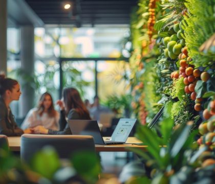 Colleagues having a discussion in an eco-friendly office space with lush greenery.